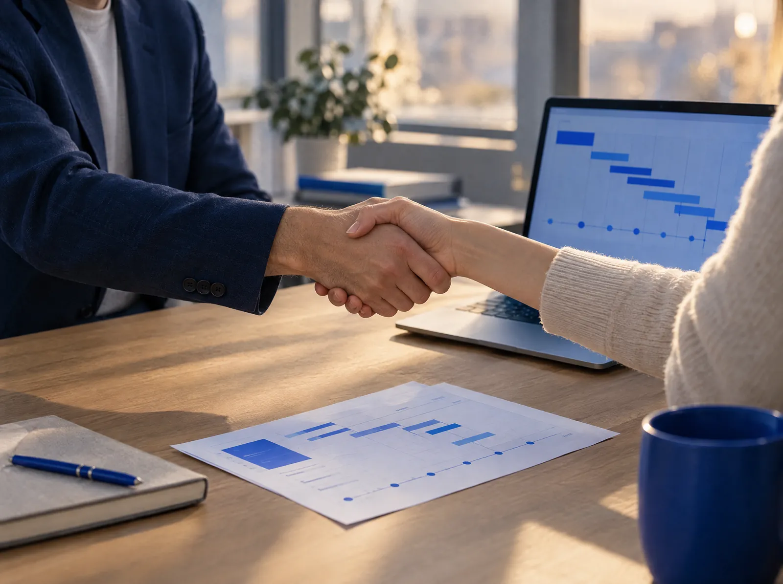 Two people shaking hands across a meeting table with a project plan and laptop