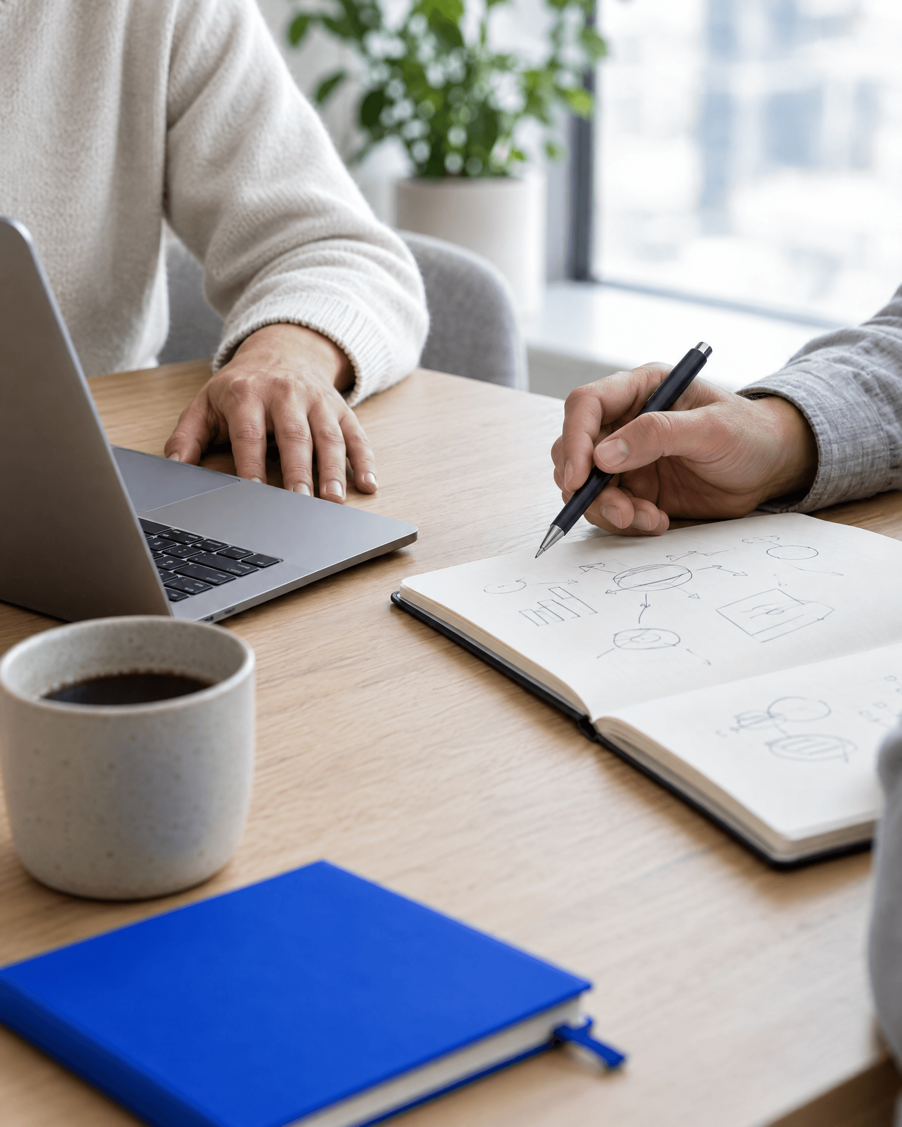 Two people working through a plan across a table, laptop and notebook between them