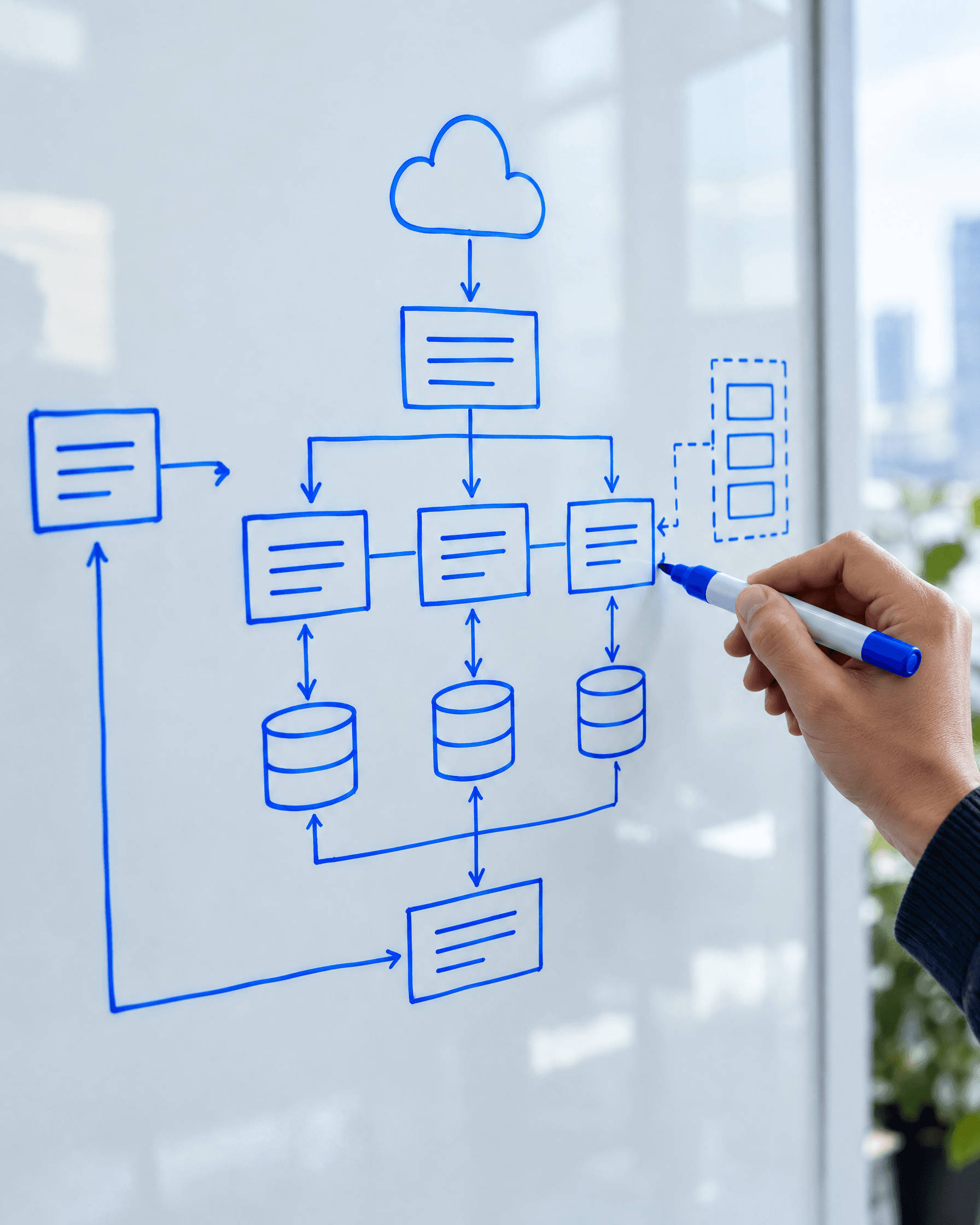 A hand sketching a system architecture diagram in blue marker on a glass whiteboard